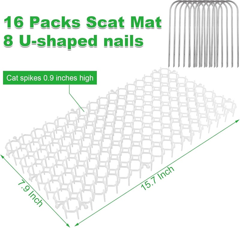 APACALI حصيرة طرد القطط 16 قطعة 16x11 مع spikes للحفاظ على القطط خارج الحديقة بشكل دائم، حصيرة مع spikes للحديقة الخارجية والأثاث الداخلي، بلاستيك مضاد للحفر للكلاب، طارد للقطط البيضاء على الطاولة. - Image 2